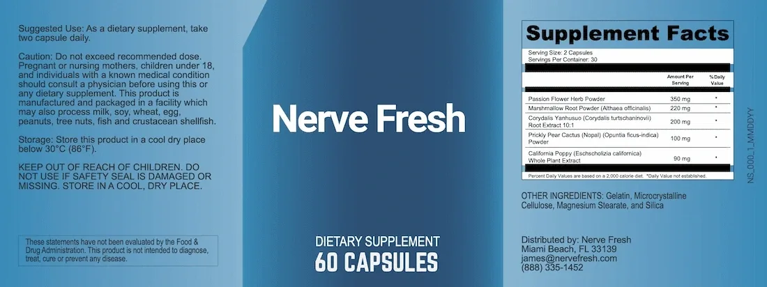 Flat label artwork for Nerve Fresh showing the Supplement Facts panel, suggested use, caution and distributor